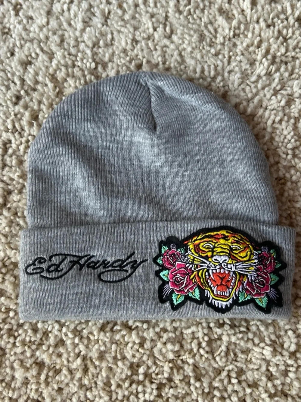 Ed Hardy Kids Gray Beanie with Colorful Tiger and Rose Patch